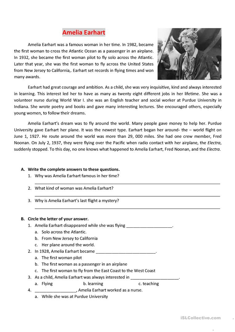 Reading About Amelia Earhart Worksheet Free ESL Printable Worksheets 