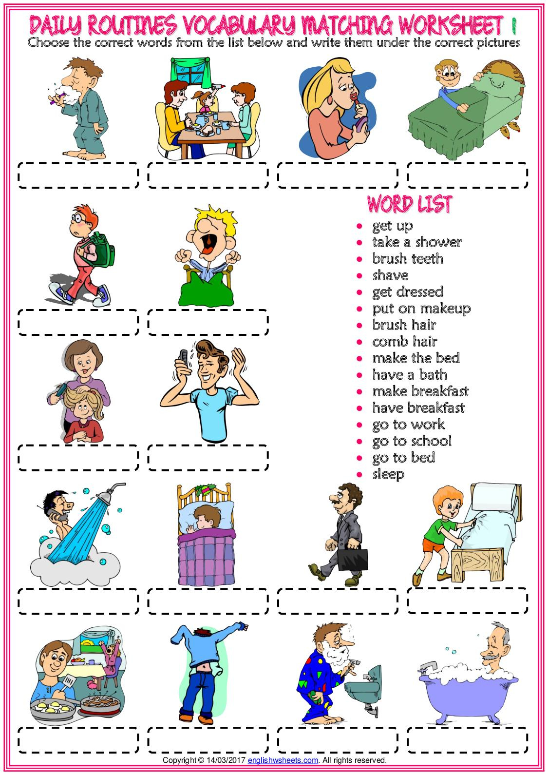 Calam o Daily Routines Vocabulary Esl Matching Exercise Worksheets 