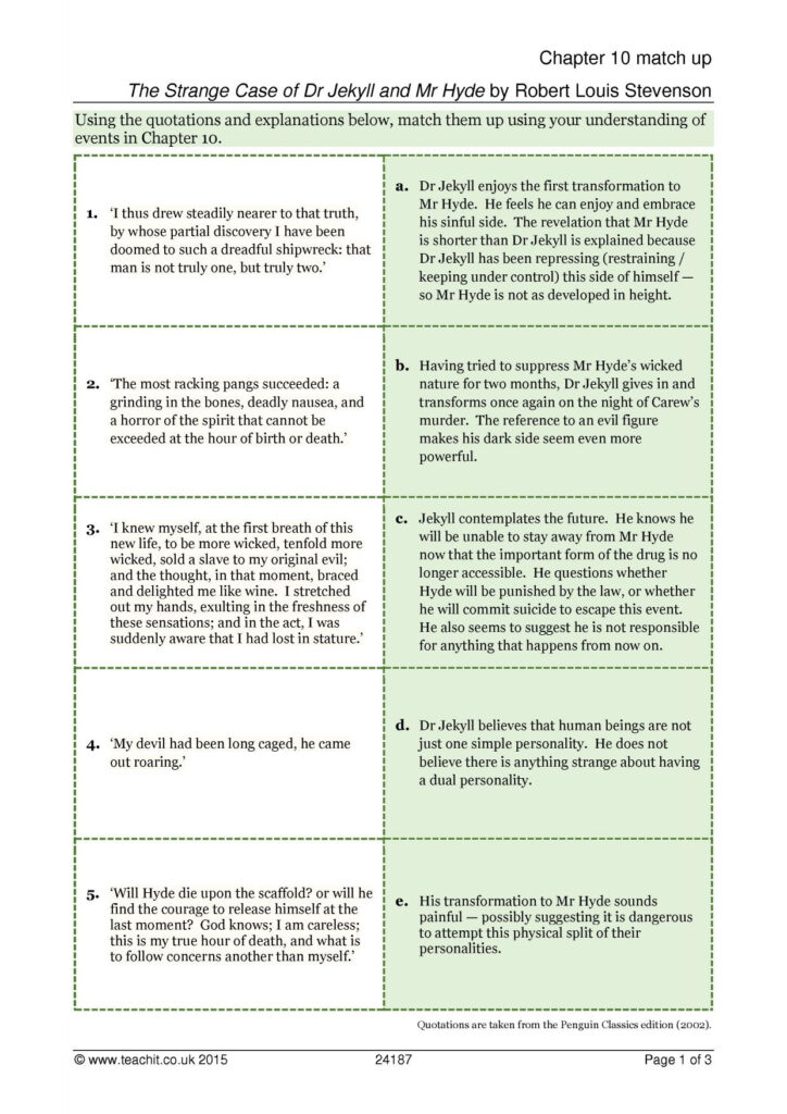 Dr Jekyll And Mr Hyde Printable Worksheets | Peggy Worksheets