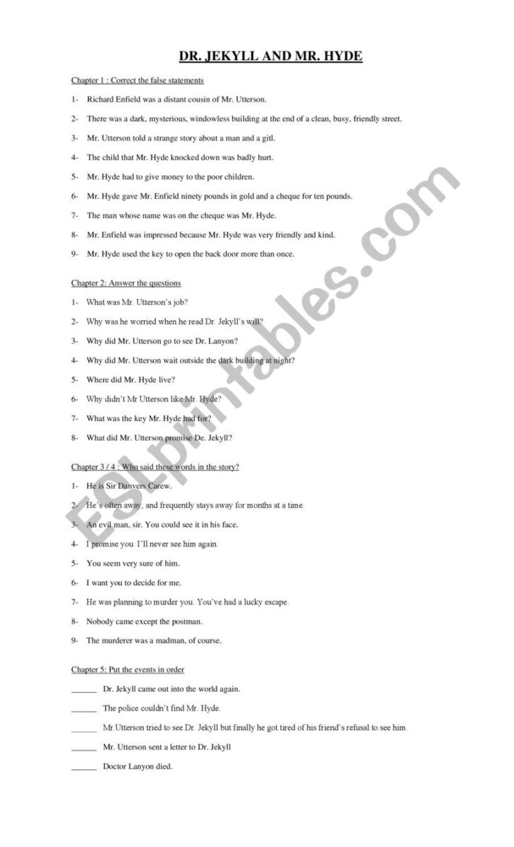 Dr Jekyll And Mr Hyde Printable Worksheets