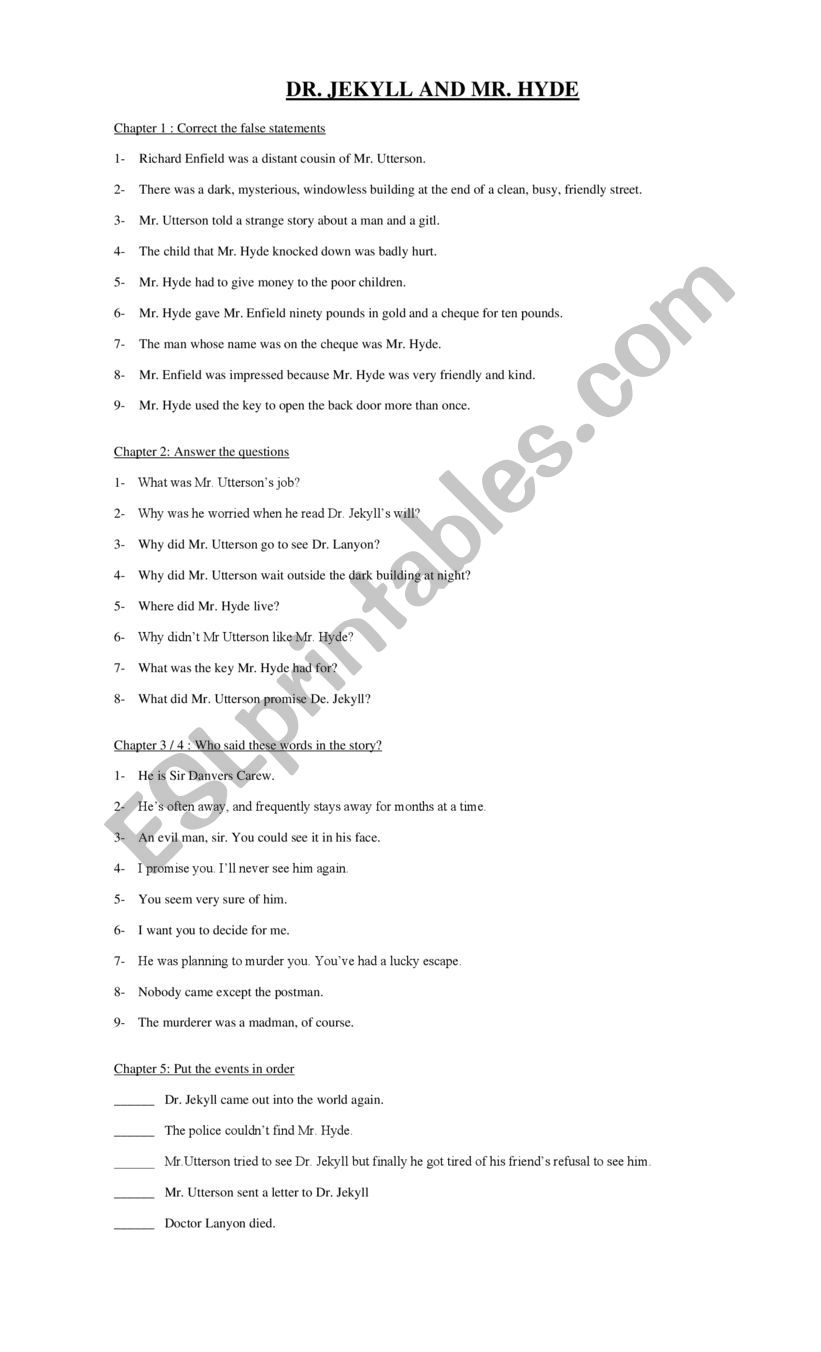 Dr Jekyll And Mr Hyde ESL Worksheet By Racu74