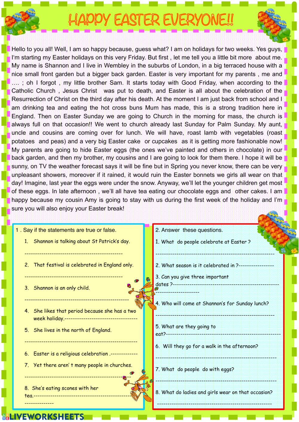 Easter Reading Comprehension Worksheet