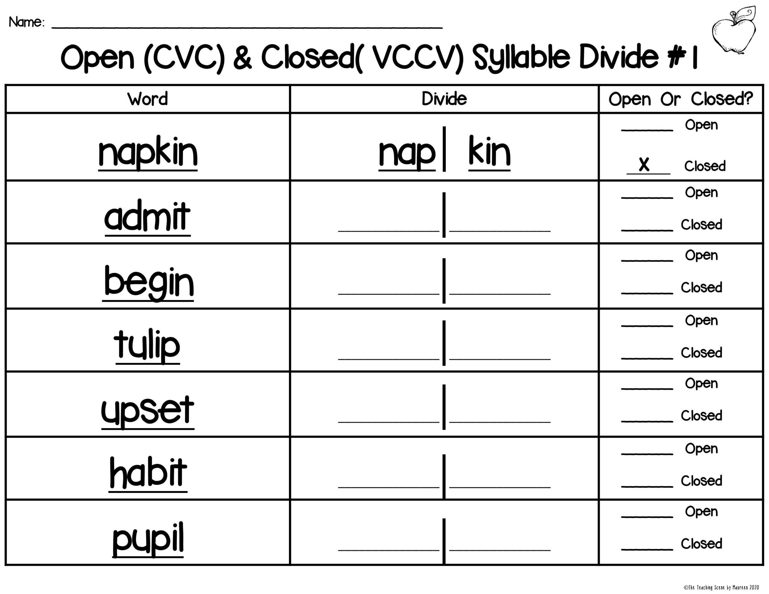 Closed Open Syllables Centers Worksheets Closed Syllables 