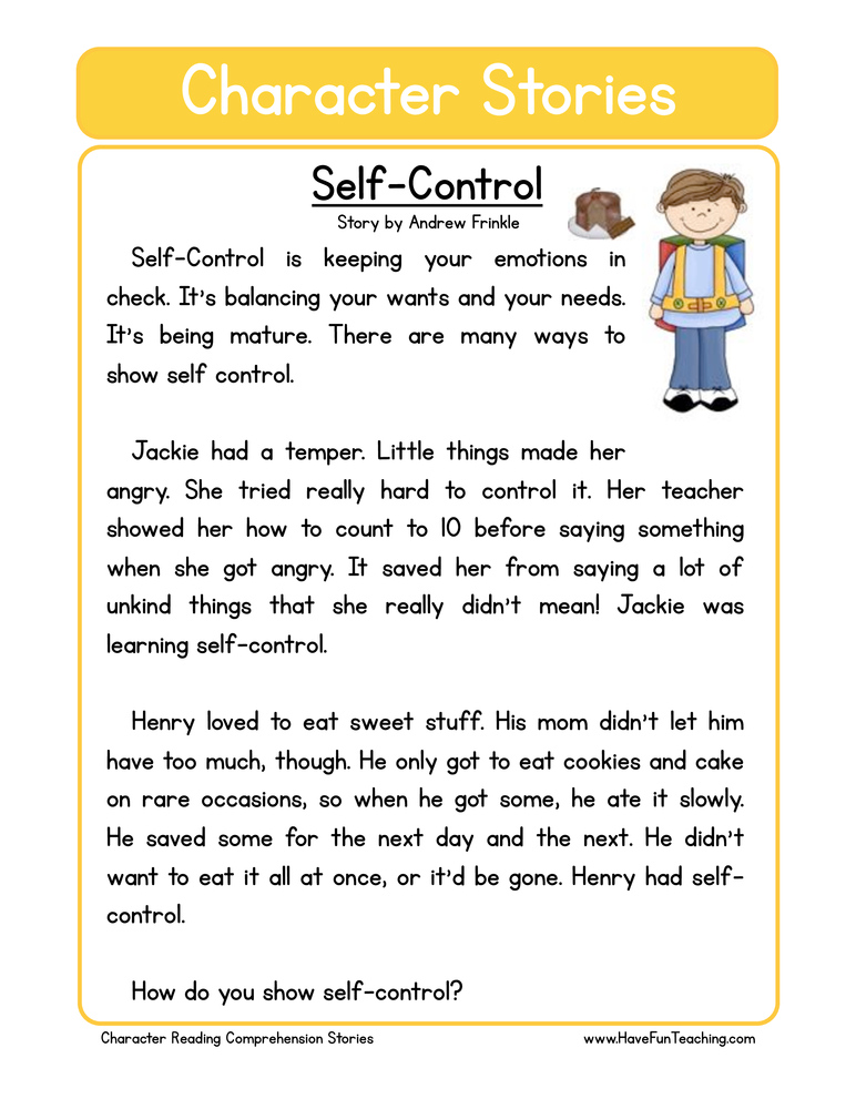 Self Control Character Reading Comprehension Worksheet Have Fun Teaching