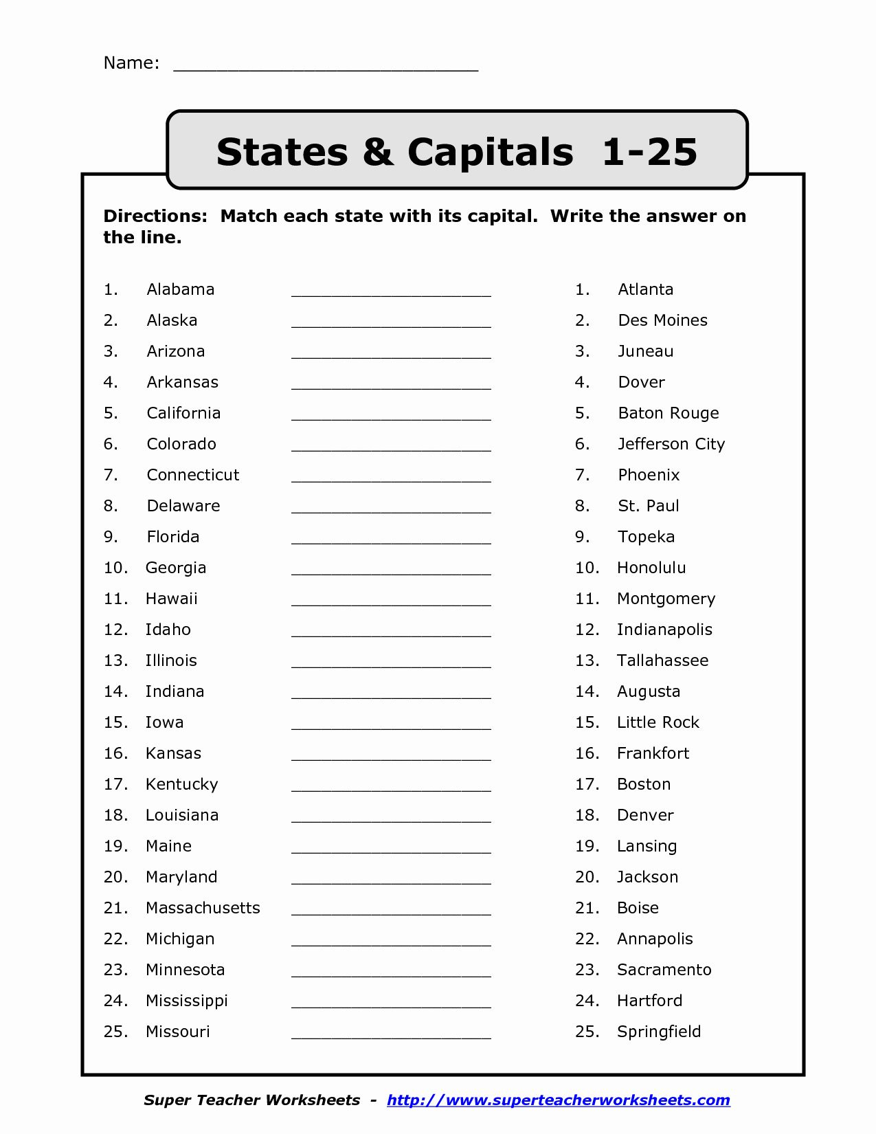 Free Printable States And Capitals Worksheets Peggy Worksheets