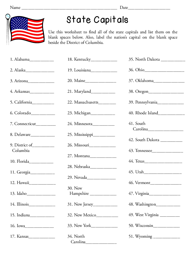 States And Capitals Worksheets States And Capitals State Capitals 