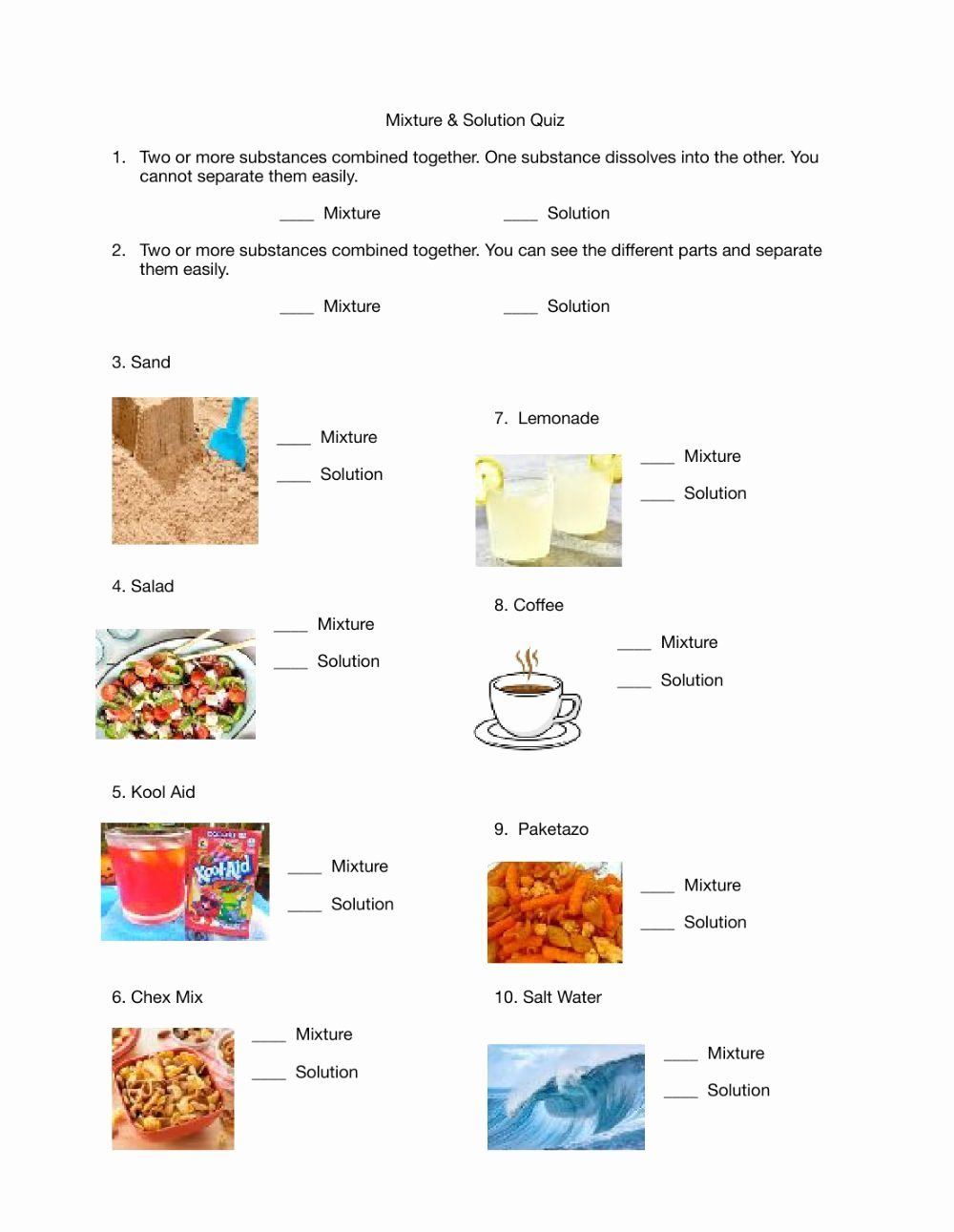 Worksheet Mixtures And Solutions Best Of Mixture And Solution Quiz 