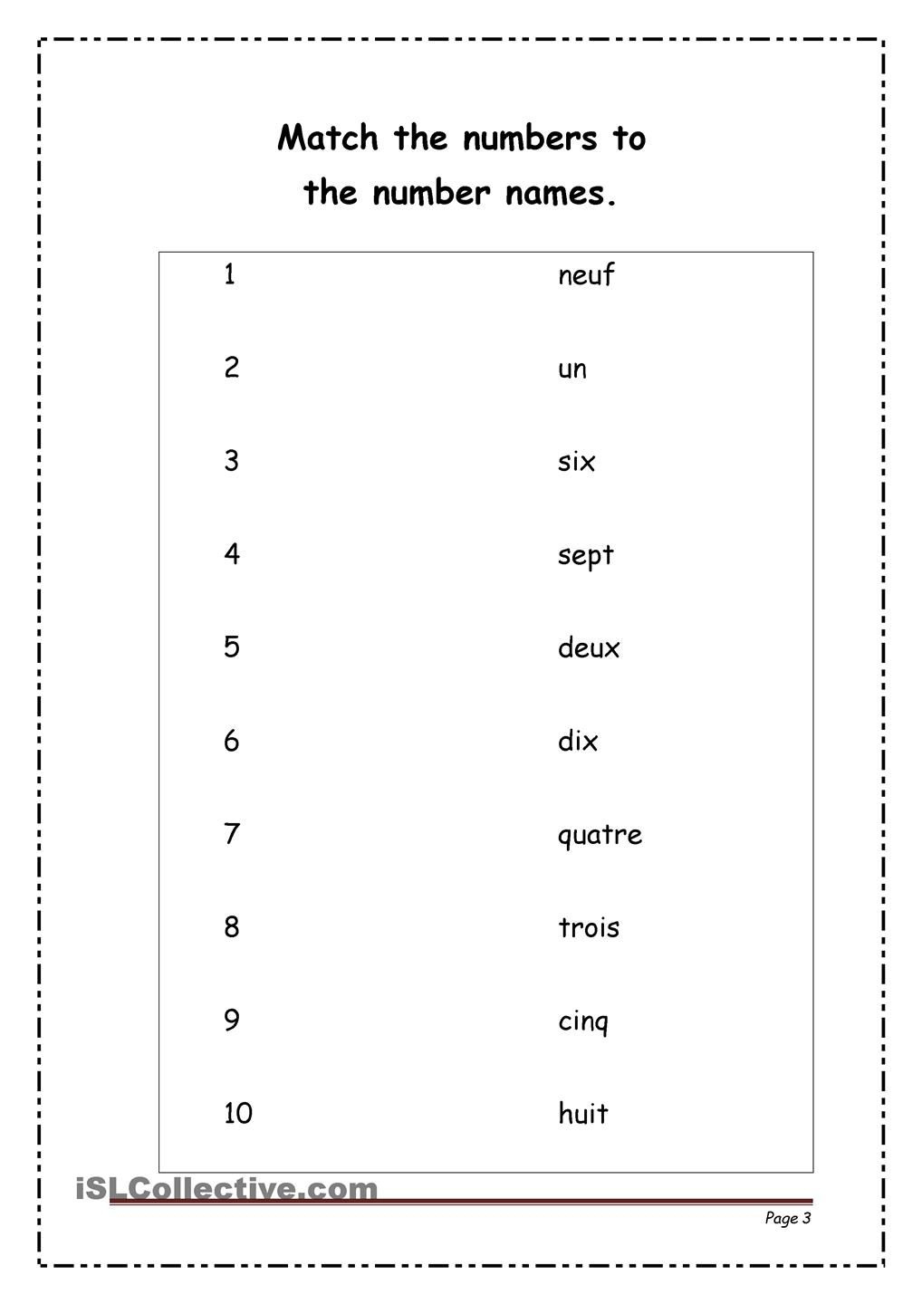 French Numbers Match Printable French Japanese Language Lessons 