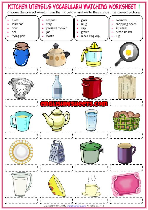 Kitchen Utensils ESL Matching Exercise Worksheets For Kids Kitchen 