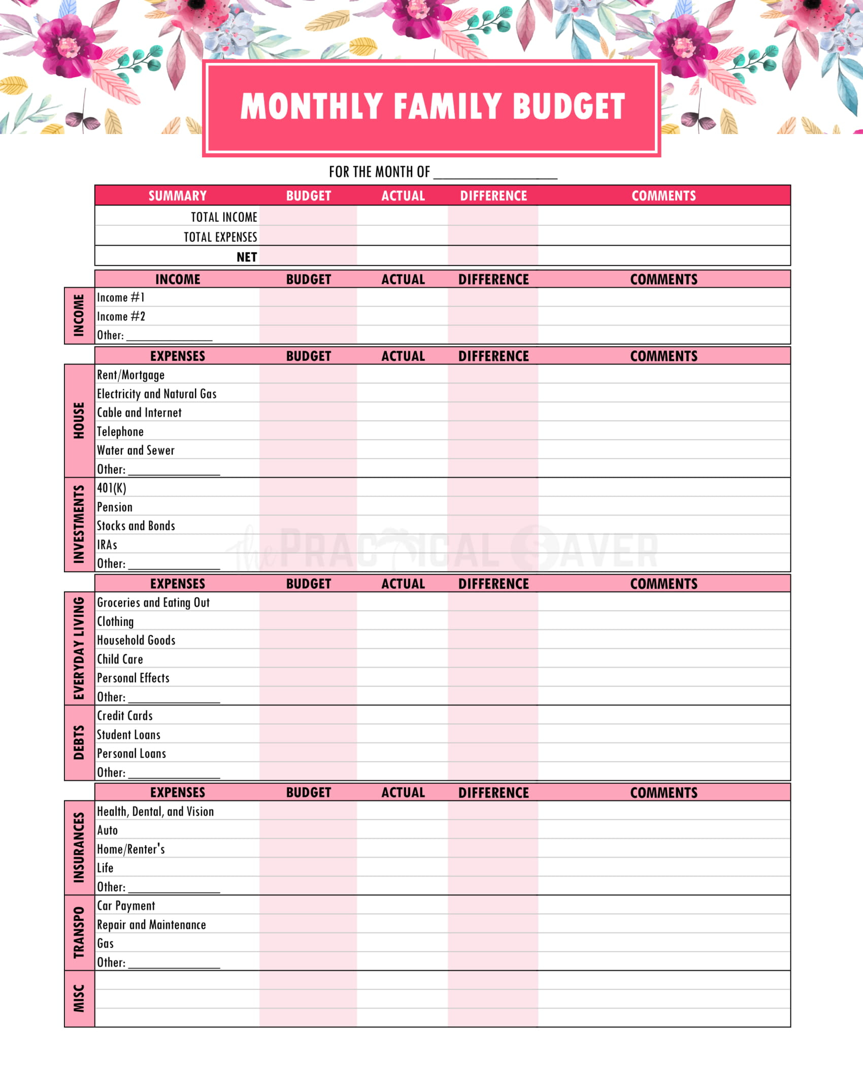 Monthly Family Budget Printable The Practical Saver Shop