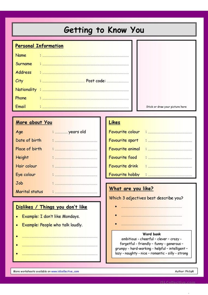 Printable Getting To Know You Worksheets | Peggy Worksheets
