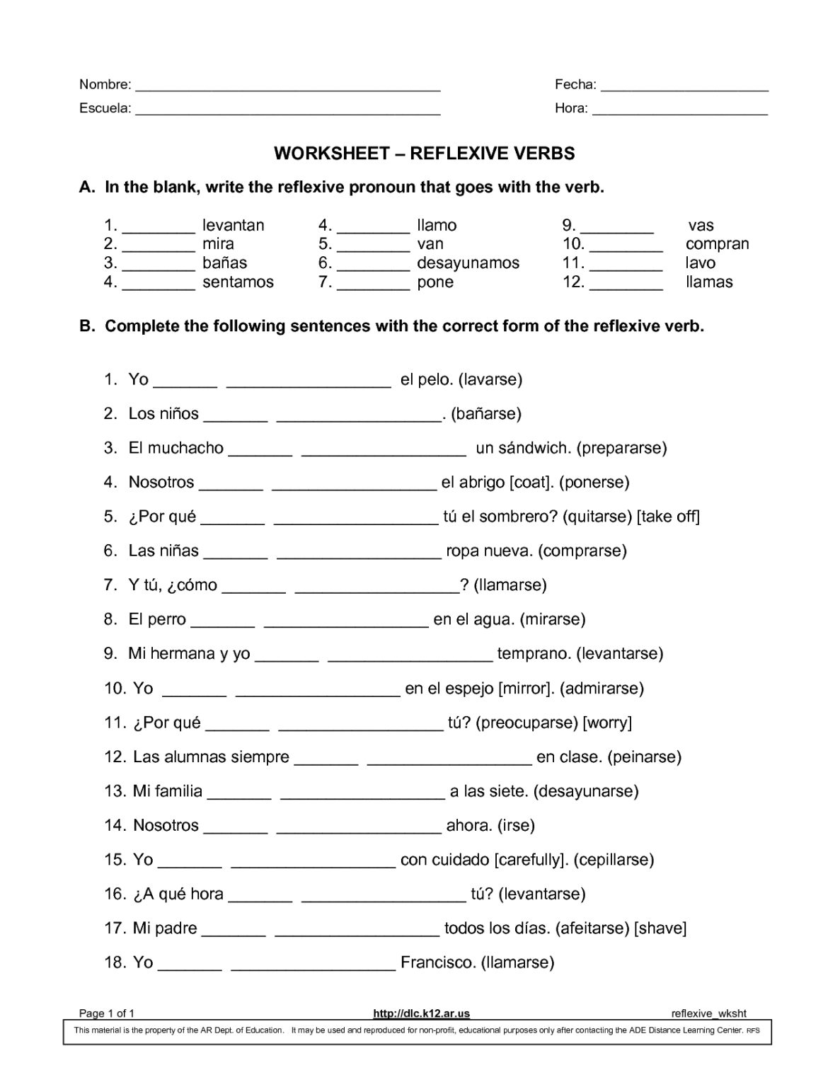 Reflexive Verbs In Spanish Printable Worksheets | Peggy Worksheets