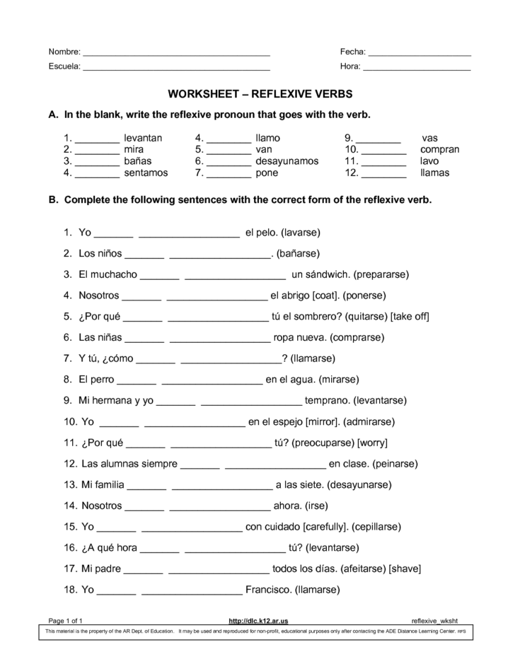 Reflexive Verbs In Spanish Printable Worksheets