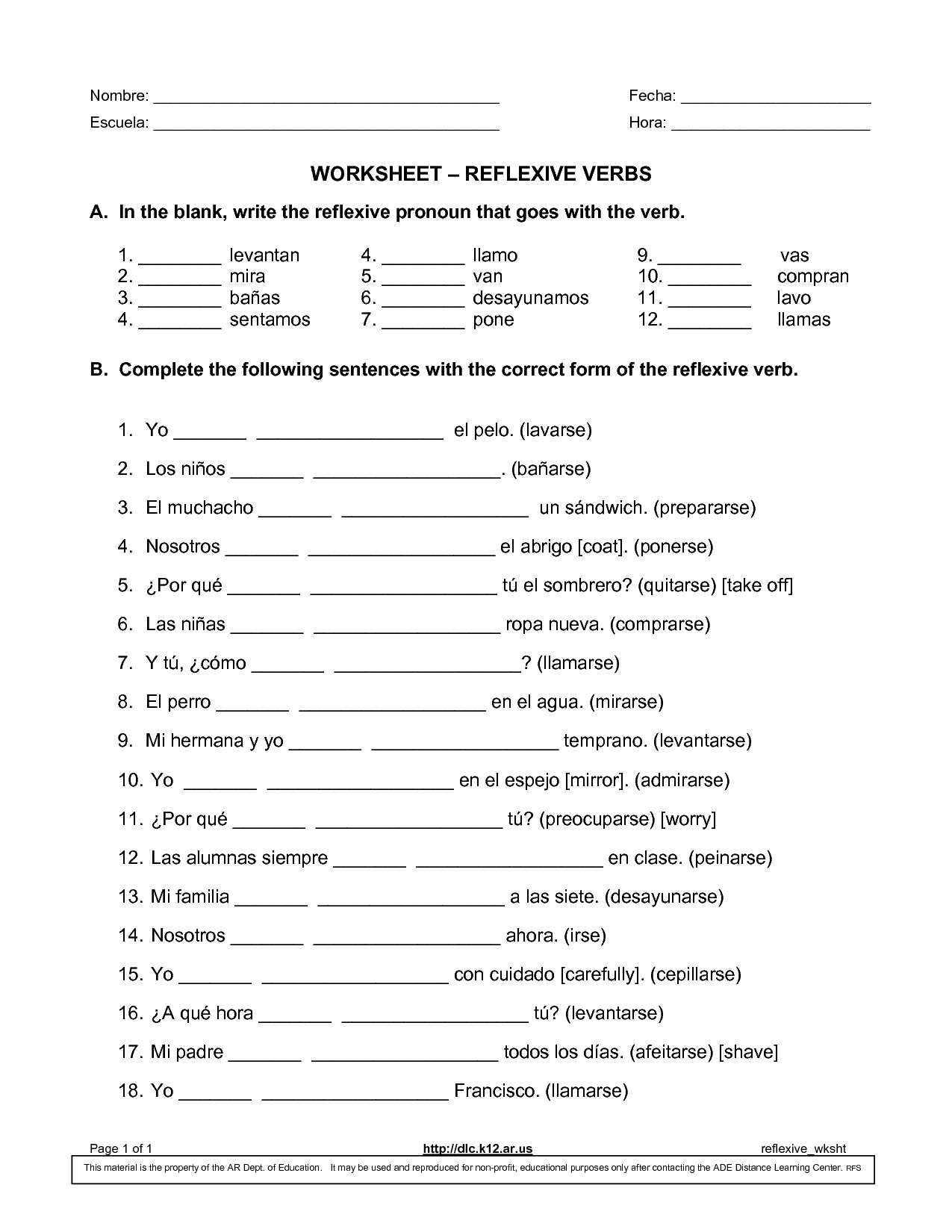 Spanish Reflexive Verbs Worksheet Spanish Reflexive Verbs Spanish 