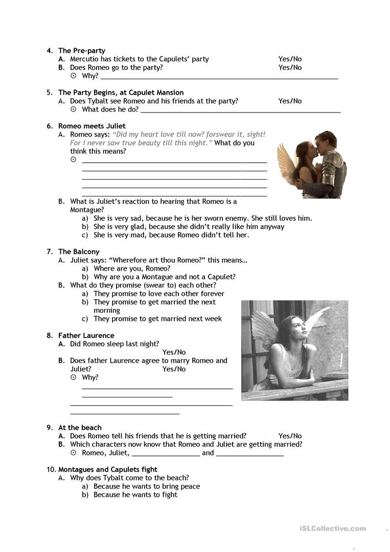 Romeo Juliet English ESL Worksheets For Distance Learning And 
