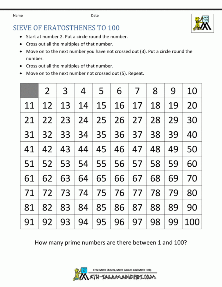 Sieve Of Eratosthenes Worksheet Printable