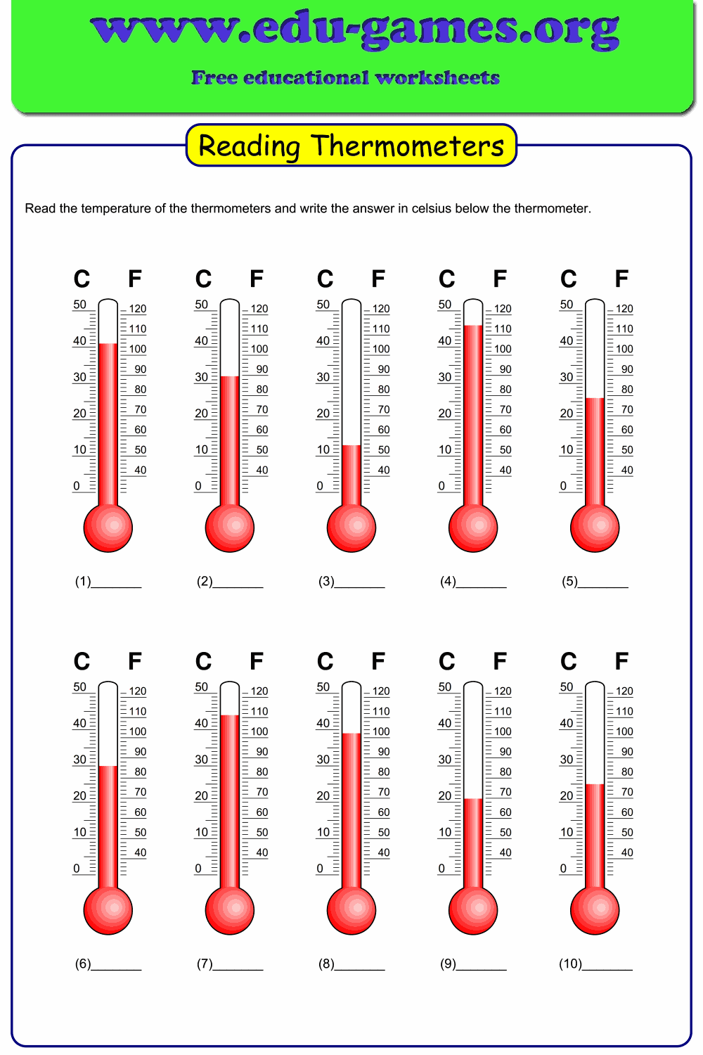 High Quality Reading Thermometers Worksheet With Many Options Celcius 