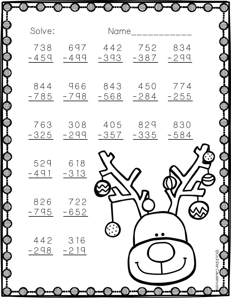 3.Nbt.2 Christmas Themed 3 Digit Subtraction With Regrouping in Christmas Subtraction Worksheets Regrouping