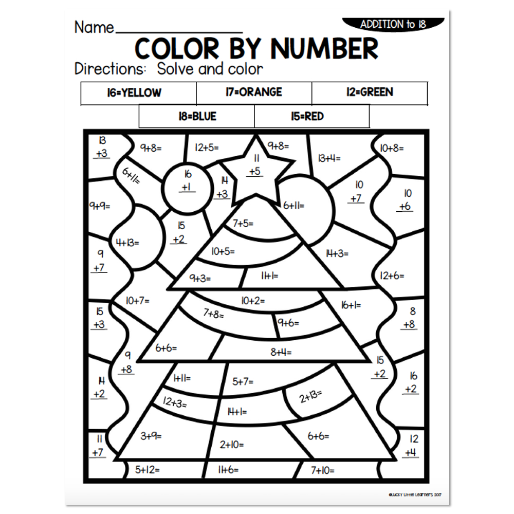 Addition To 18 Winter Colornumber - Christmas Tree - Lucky pertaining to Christmas Math Addition Color by Number Worksheet