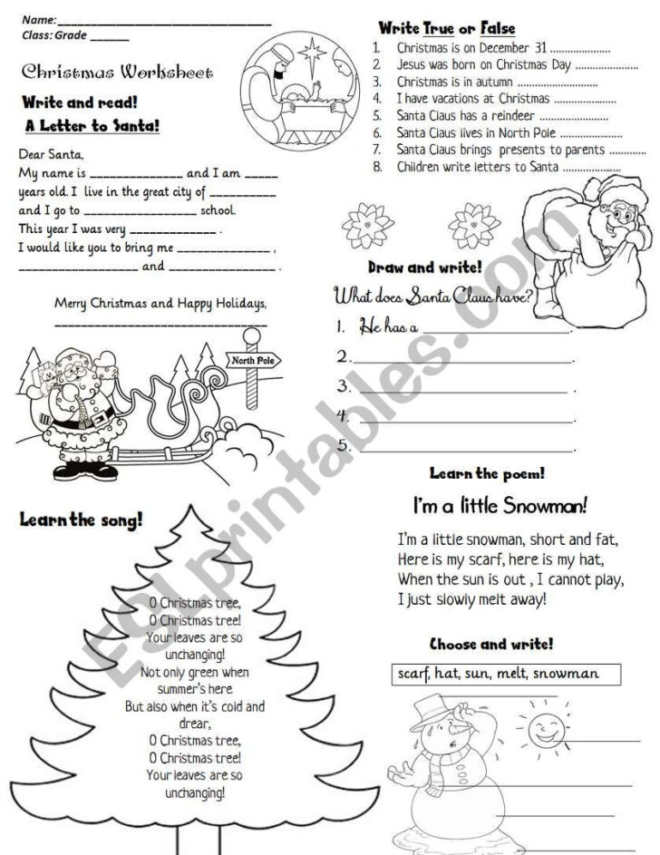 Christmas Worksheets For Elementary Students