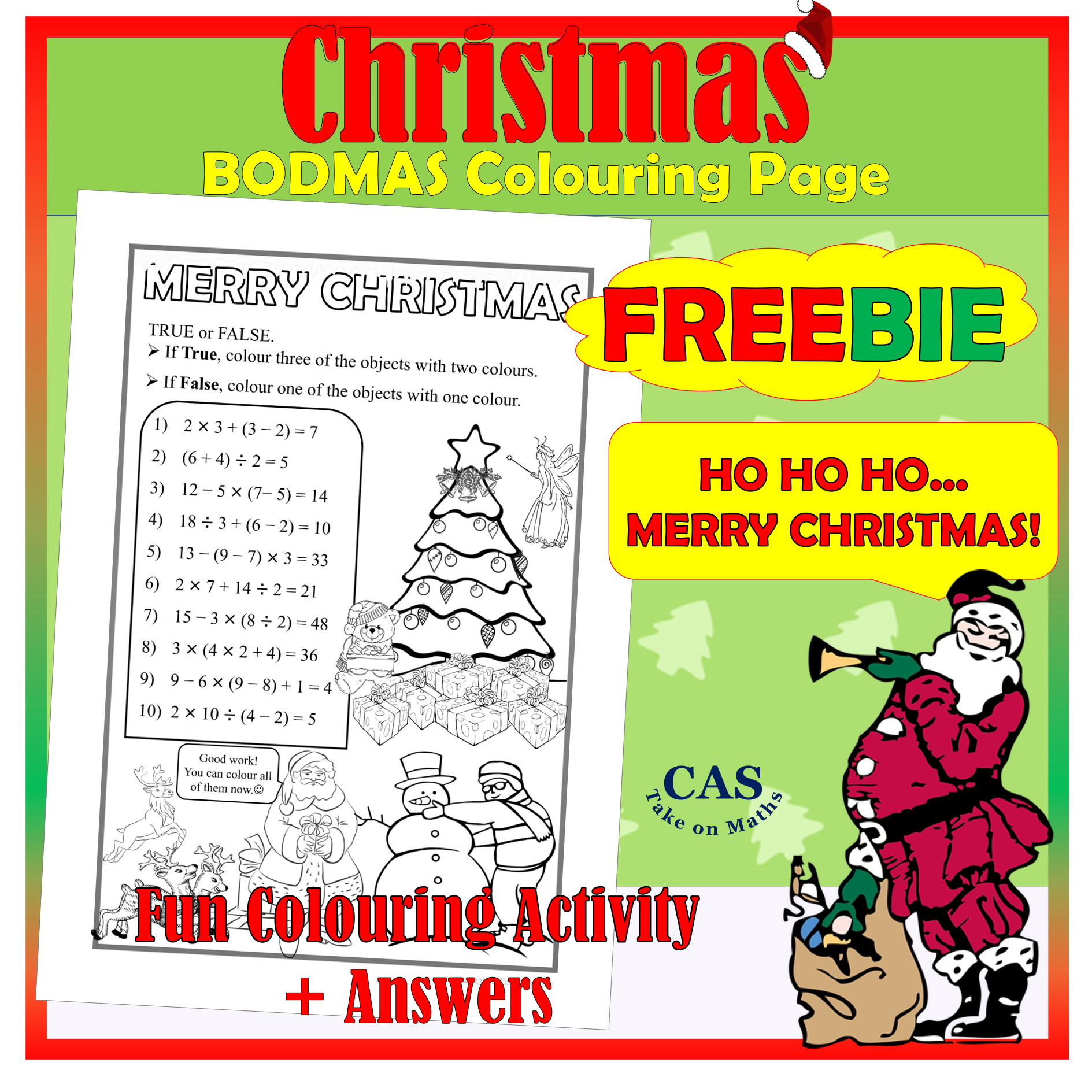 Christmas Colouring Page Freebie | Order Of Operations | Bodmas with Christmas Order of Operations Worksheet