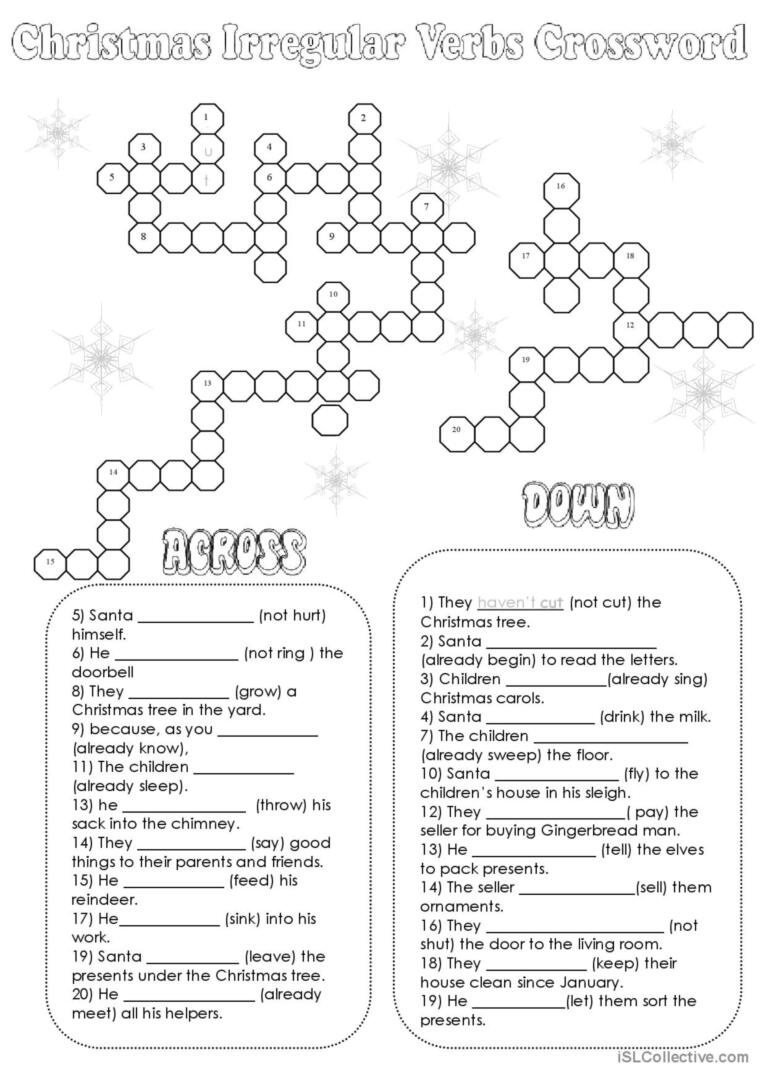 Christmas Crossword - Irregular Verb…: English Esl Worksheets Pdf pertaining to Christmas Verb Worksheets