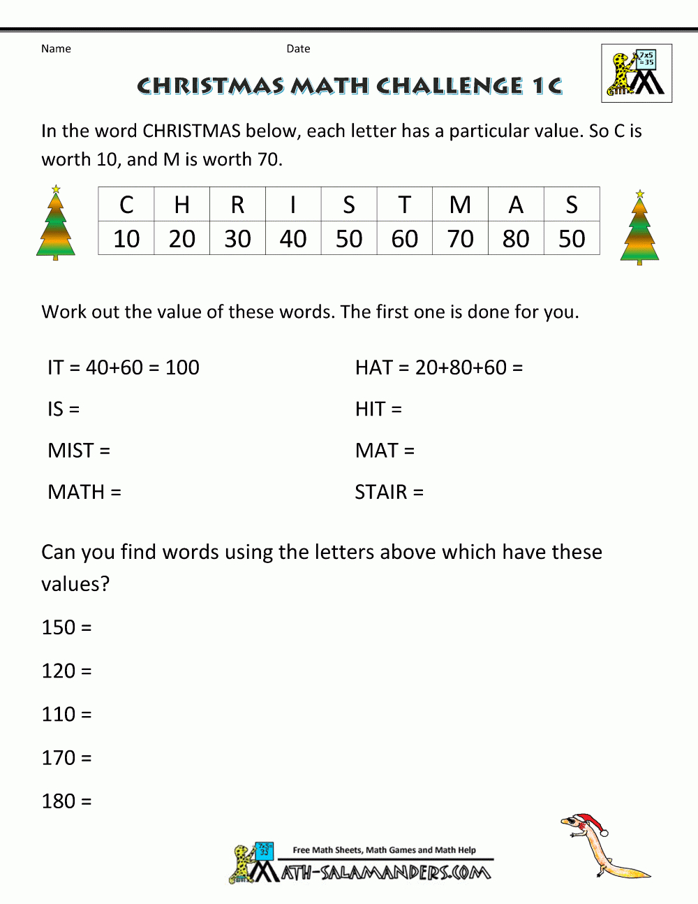 Christmas Math Worksheets (Harder) intended for Christmas Math Worksheets Middle School