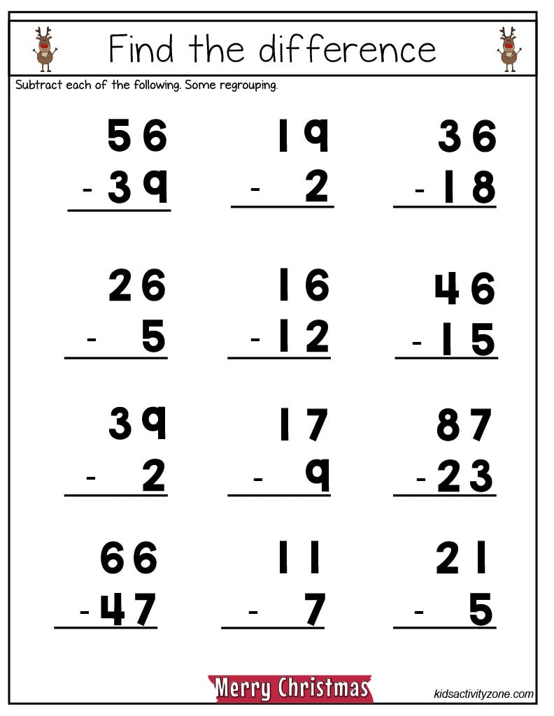 Christmas Math Worksheets - Middle Elmentary - Kids Activity Zone inside Christmas Subtraction Worksheets Regrouping