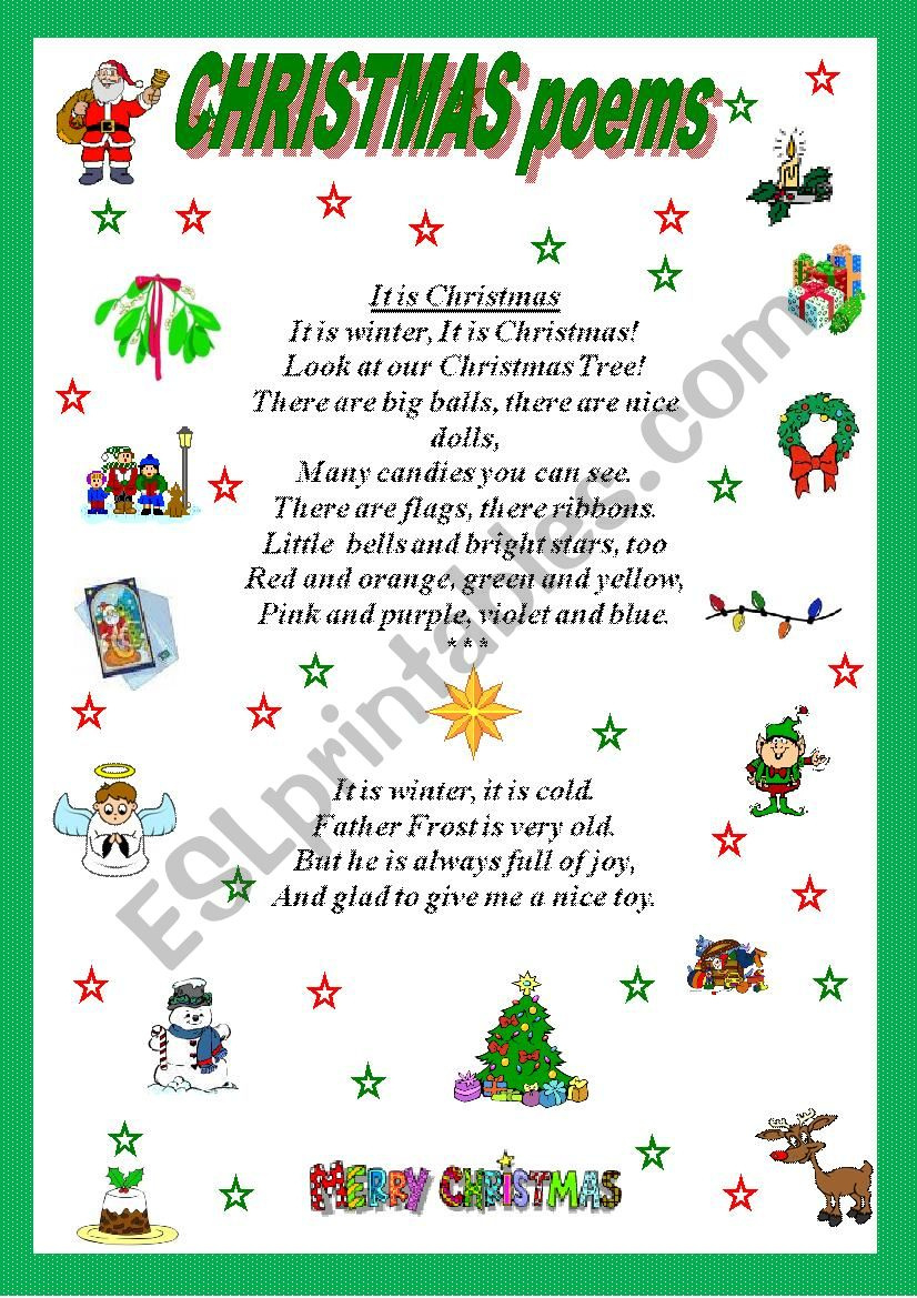 Christmas Poems - Esl Worksheetkucheryavaya within Christmas Poem Worksheet