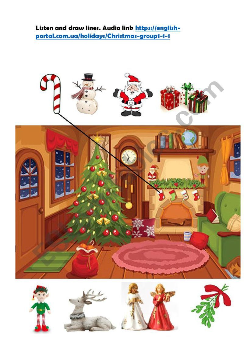 Christmas Prepositions. Listen And Draw Lines - Esl Worksheet pertaining to Christmas Prepositions Worksheet