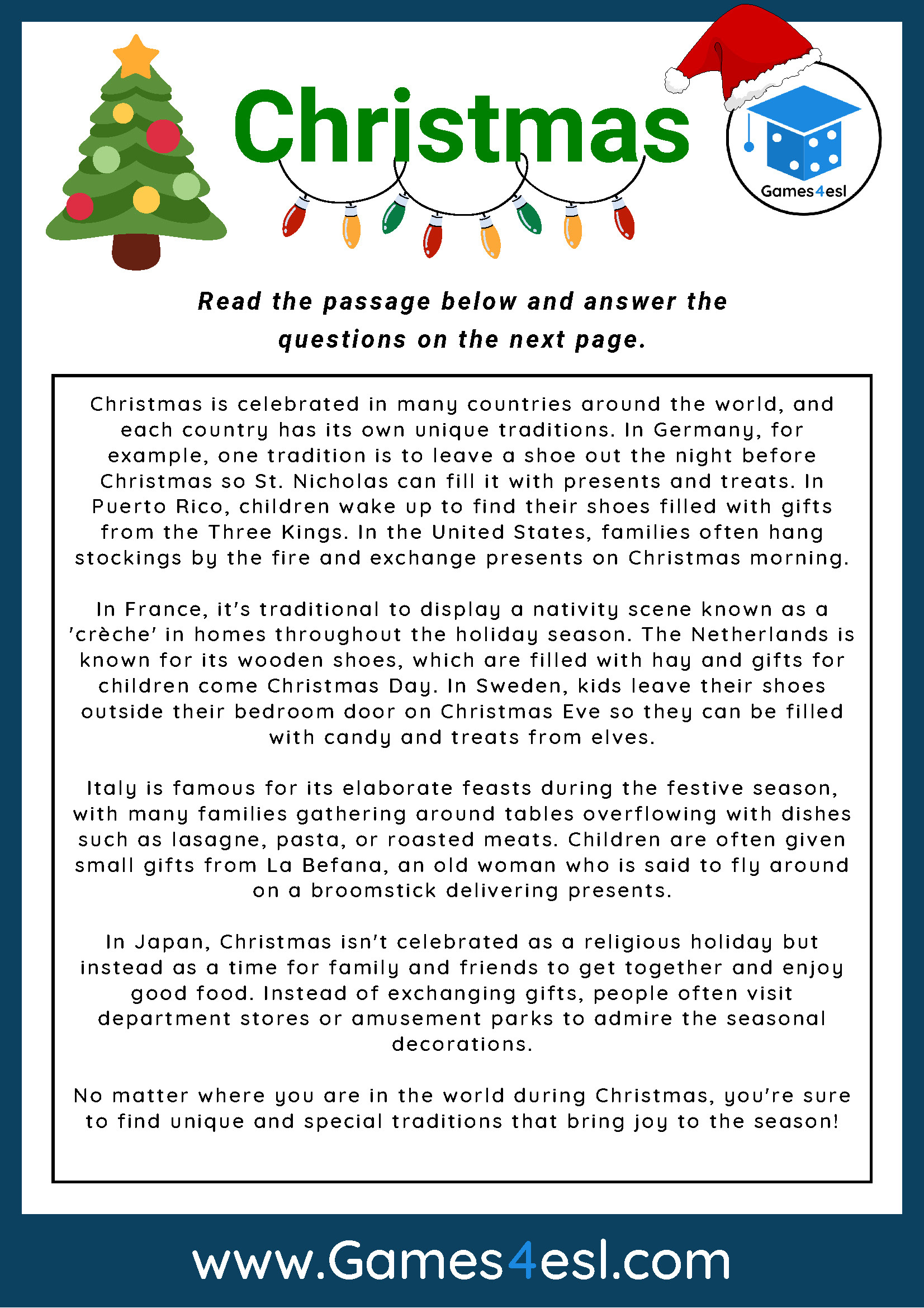 Christmas - Reading Comprehension Worksheet | Games4Esl in Christmas Reading Comprehension Worksheet