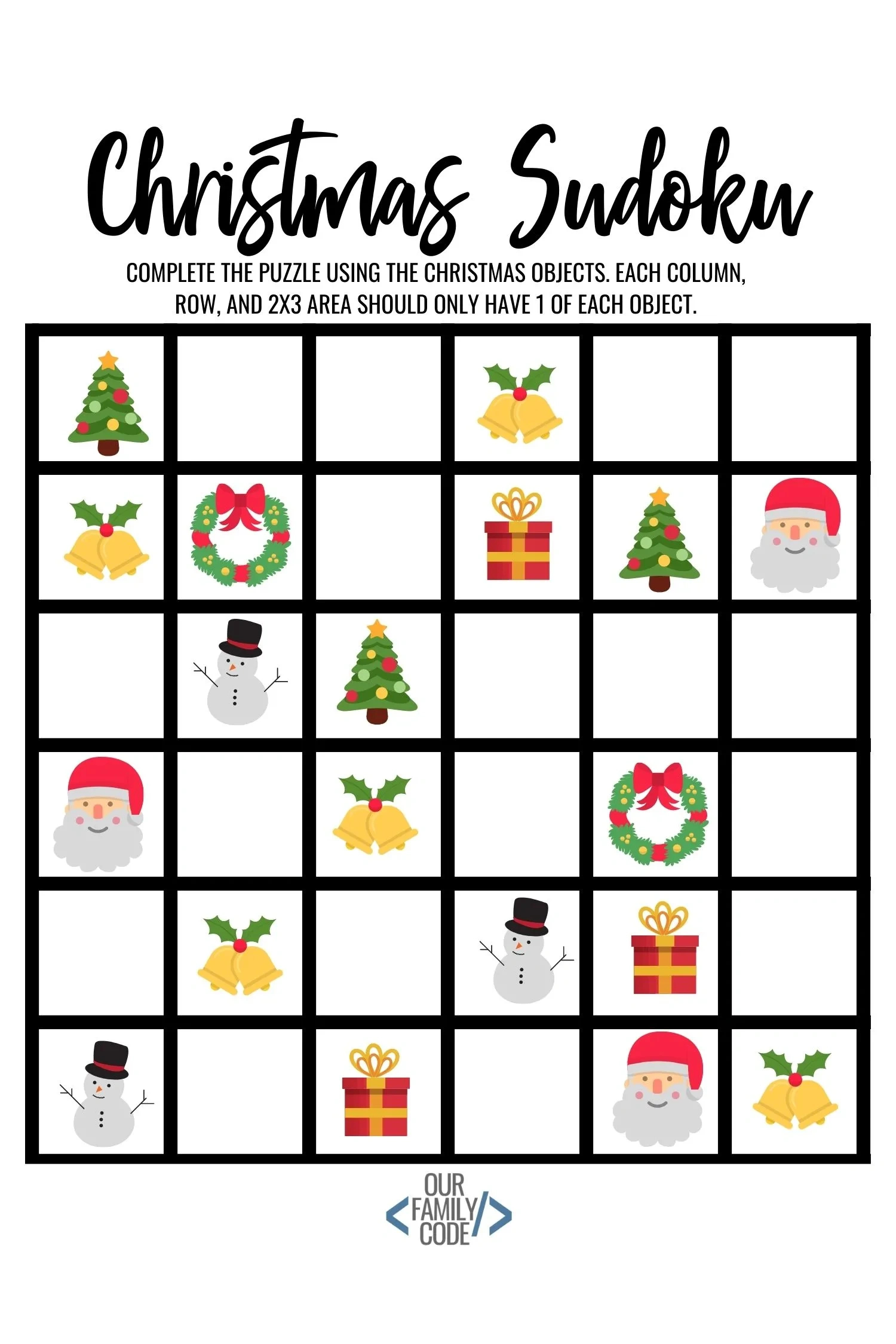 Christmas Sudoku Logical Reasoning Activity For Kids - Our Family Code throughout Christmas Sudoku Worksheet