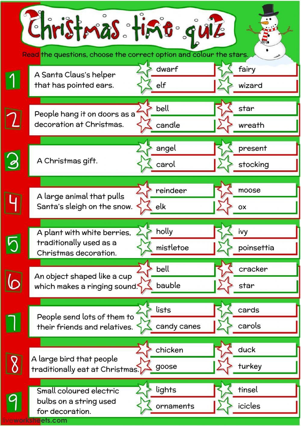 Christmas Time Quiz Worksheet for Christmas Quiz Worksheet