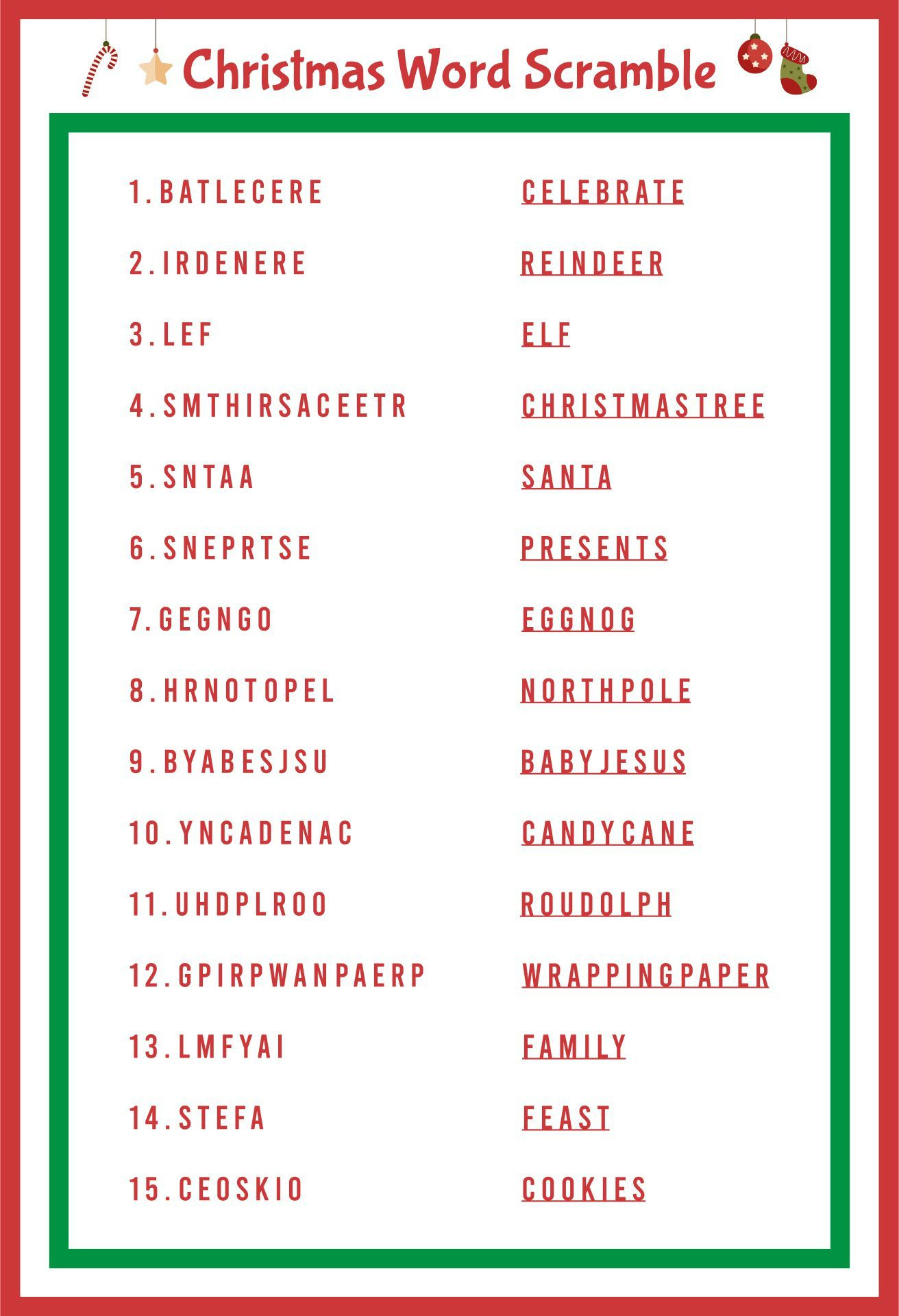 Christmas Word Scramble - 14 Free Pdf Printables | Printablee with Christmas Word Scramble Worksheet Answers