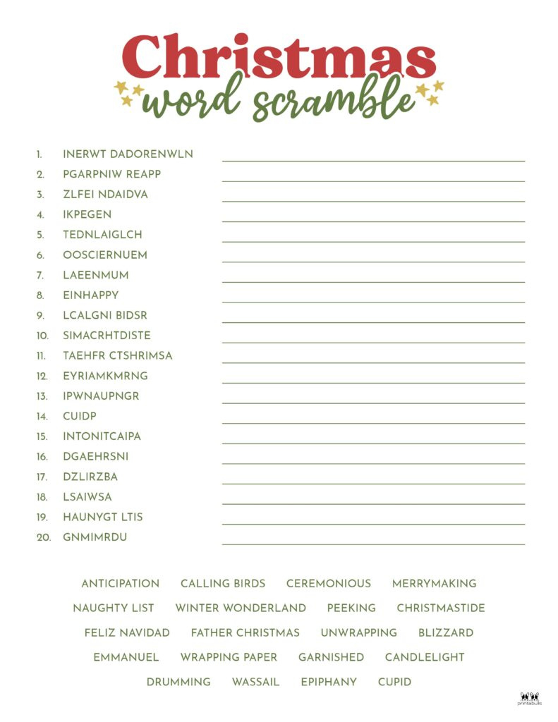 Christmas Word Scrambles - 15 Free Printables | Printabulls throughout Christmas Word Unscramble Worksheet