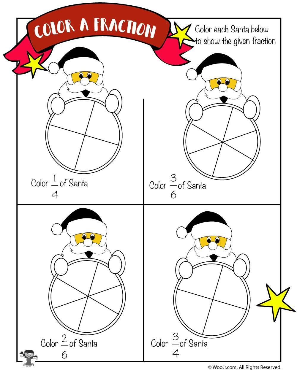 Color The Fraction Worksheet With Santa Claus | Woo! Jr. Kids regarding Christmas Math Worksheets Fractions