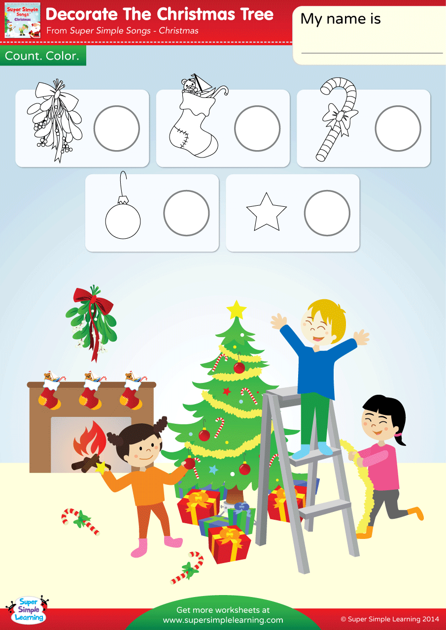 Decorate The Christmas Tree Worksheet - Count &amp;amp; Color - Super Simple inside Christmas Tree Decoration Worksheet