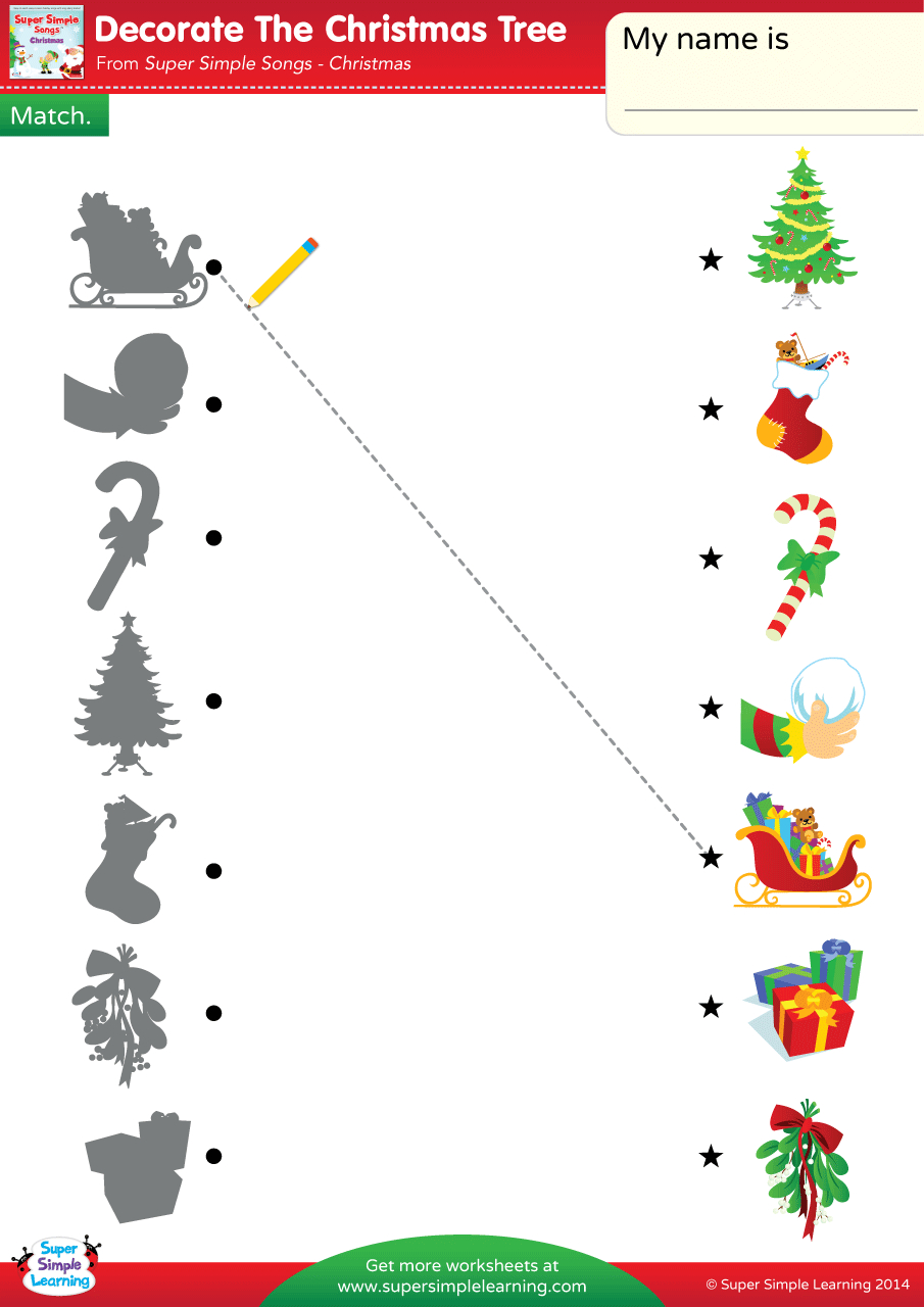 Decorate The Christmas Tree Worksheet - Match - Super Simple throughout Christmas Matching Worksheet