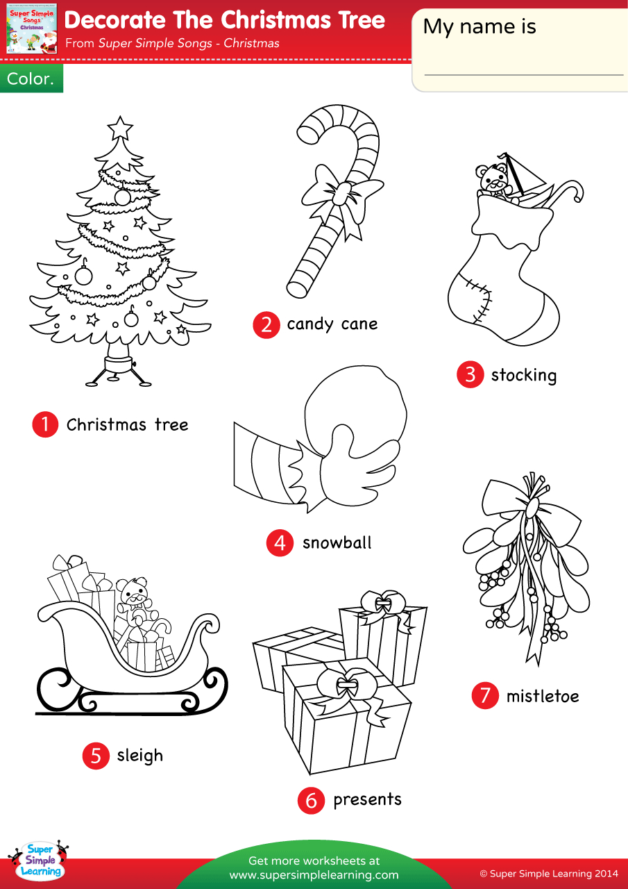 Decorate The Christmas Tree Worksheet - Vocabulary Coloring throughout Christmas Worksheets Coloring