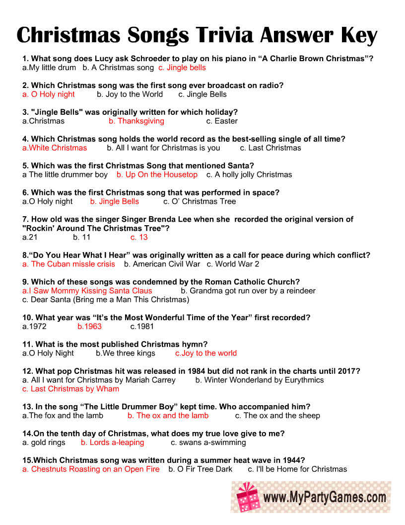 Free Printable Christmas Songs Trivia Quiz regarding Christmas Songs Worksheet Answers