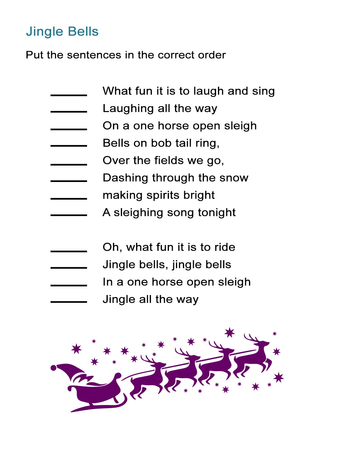 Jingle Bells For Kids Worksheet: Re-Order The Song Lyrics Activity intended for Christmas Songs Worksheets Printables