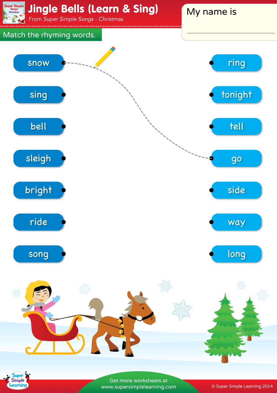 Jingle Bells Worksheet - Match The Rhyming Words - Super Simple for Christmas Rhyming Worksheet