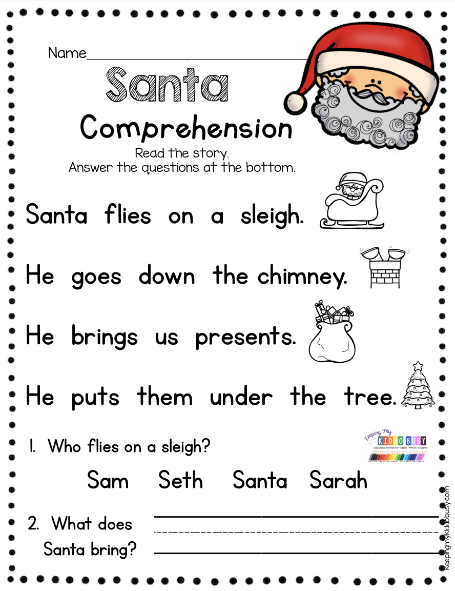 Kindergarten Christmas Reading Passage With Comprehension Questions in Christmas Reading Worksheets For Kindergarten