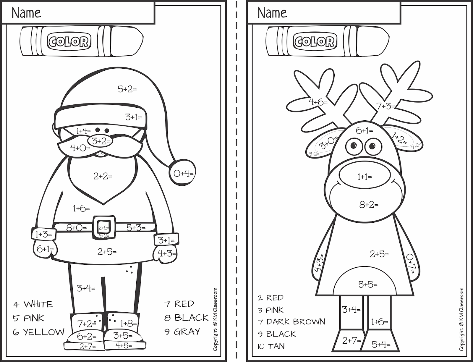 Km Classroom: Free Christmas Colornumber Addition Within 10 for Color by Number Math Christmas Worksheets