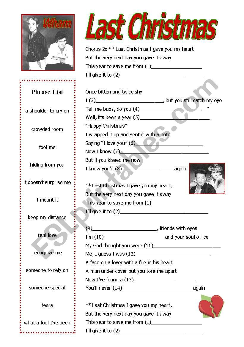 Last Christmaswham - Esl Worksheetpandabear regarding Christmas Songs Worksheets Printables