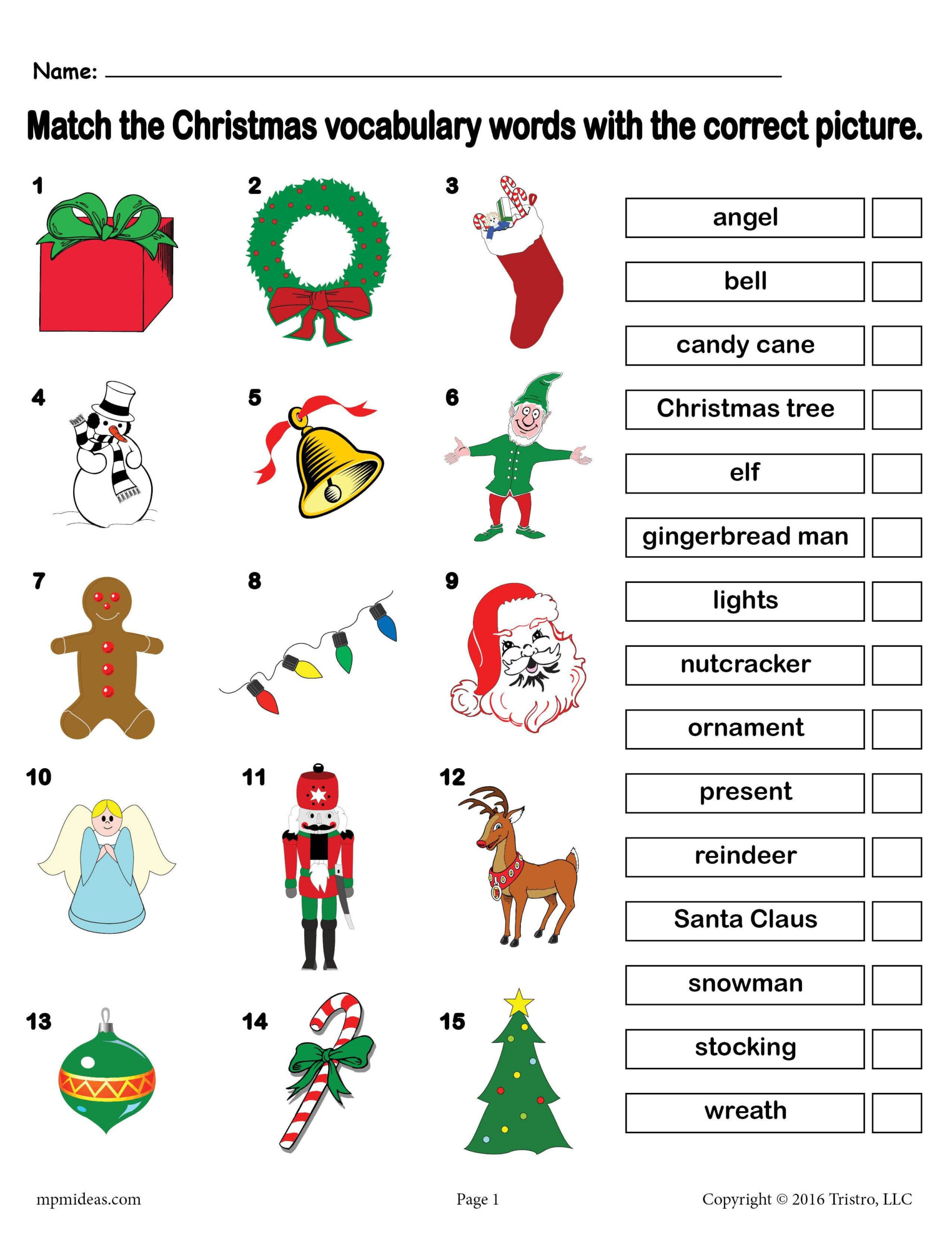 Printable Christmas Vocabulary Matching Worksheet! intended for Christmas Matching Worksheets Printables