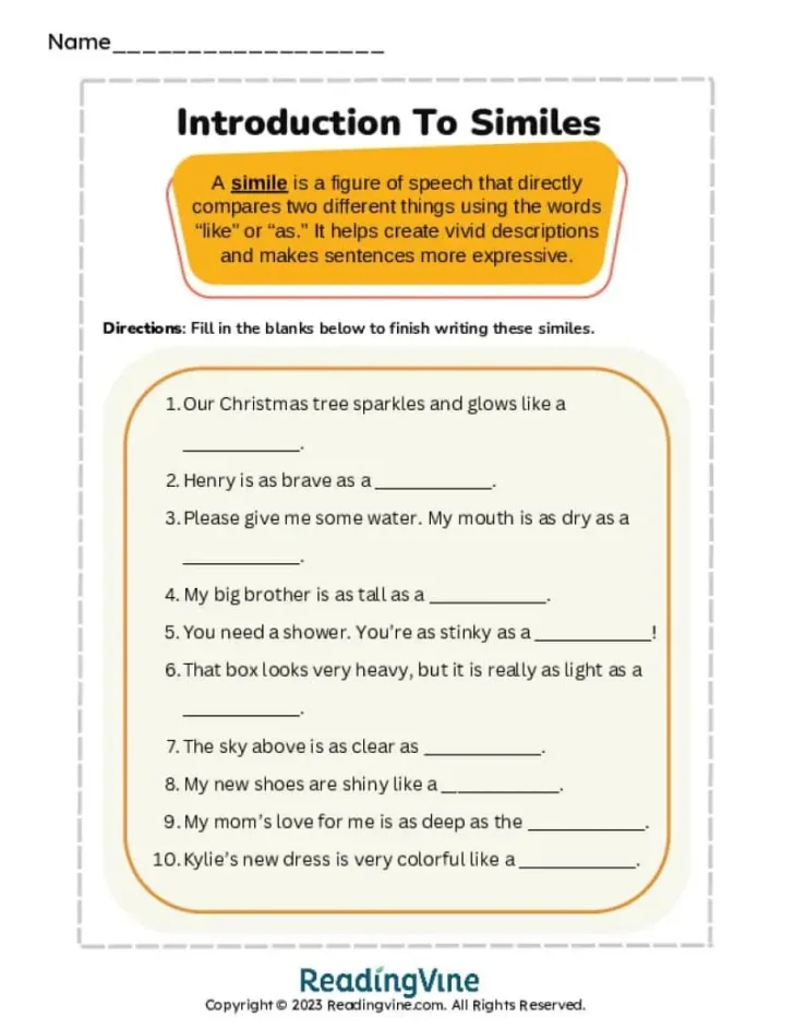 Christmas Similes Worksheet