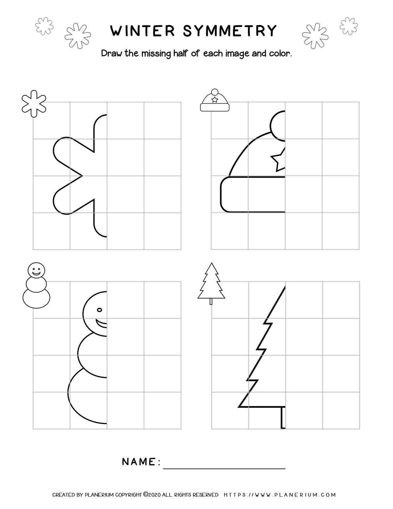 Symmetry Drawing - Winter Worksheets | Planerium for Christmas Symmetry Worksheets Free