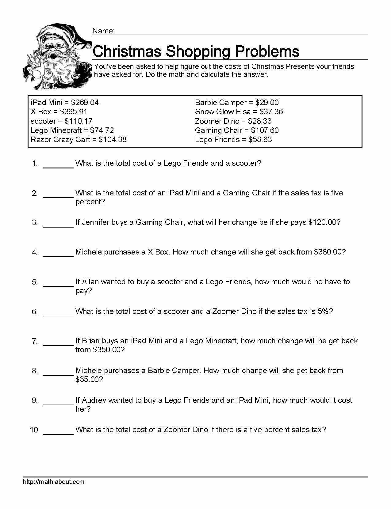 Worksheets For Christmas Math Problems regarding Christmas Money Math Worksheets