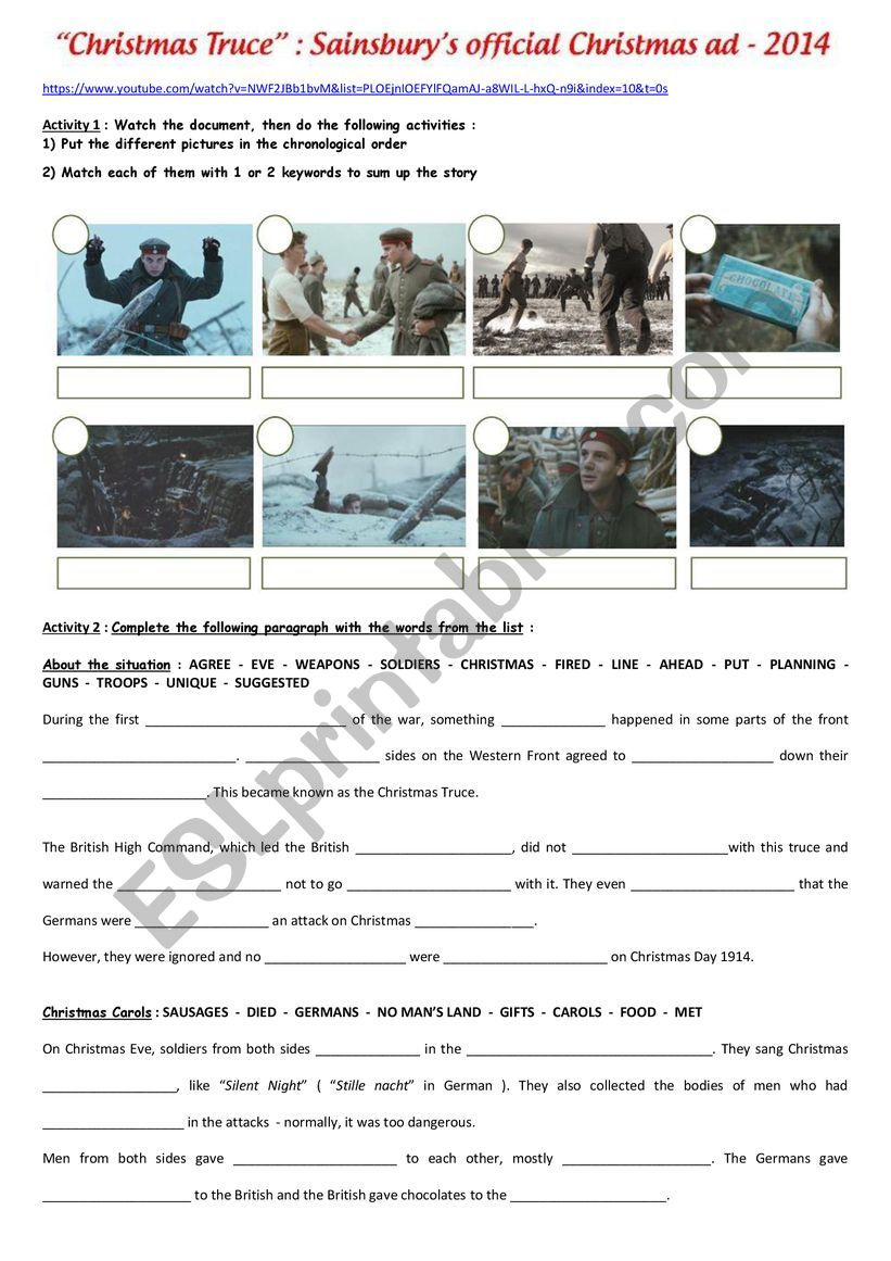 Ww1 : The Christmas Truce - Esl Worksheetkrysstl regarding Christmas Truce Worksheet